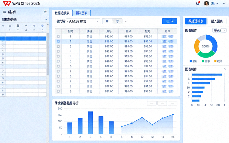 WPS Office 2026 表格组件截图，展示数据分析和图表制作功能
