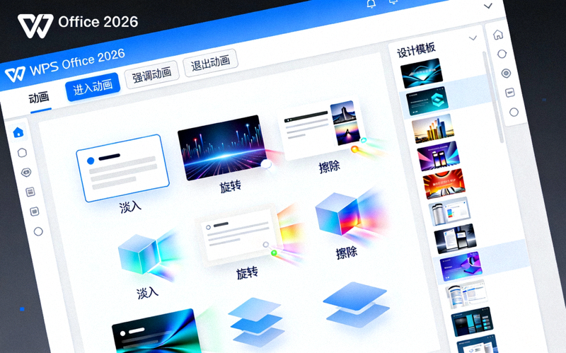 WPS Office 2026 演示文稿组件截图，展示丰富的动画效果和设计模板
